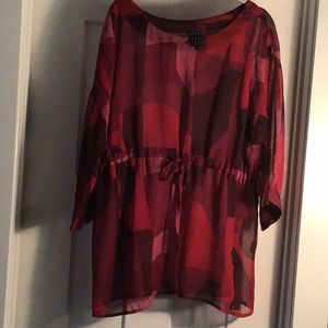 Boho tunic  top women’s size L red semi shear top with tie waist
